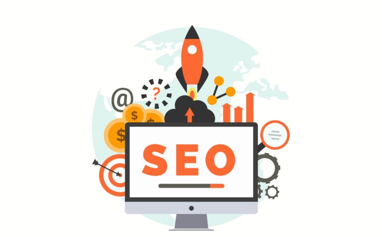 SEO concept with digital marketing icons and benefits such as easy to understand, easy to configure, search results."