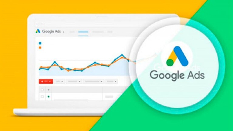 Google Ads dashboard showing campaign performance analytics on a laptop screen with Google Ads logo in the foreground.